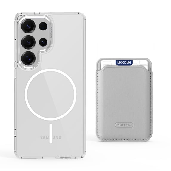 ELEHOLD Clear Magnetic Wallet Case For Samsung Galaxy S22 Ultra , Mag Safe Compatible Transparent Hard PC + TPU Back Shockproof Protection Case Cover with Magnetic Card Holder ,White