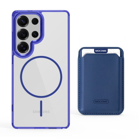 ELEHOLD Clear Magnetic Wallet Case For Samsung Galaxy S22 Ultra , Mag Safe Compatible Transparent Hard PC + TPU Back Shockproof Protection Case Cover with Magnetic Card Holder ,Darkblue