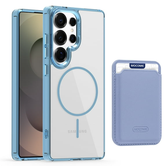 ELEHOLD Clear Magnetic Wallet Case For Samsung Galaxy S23 Ultra , Mag Safe Compatible Transparent Hard PC + TPU Back Shockproof Protection Case Cover with Magnetic Card Holder ,Blue