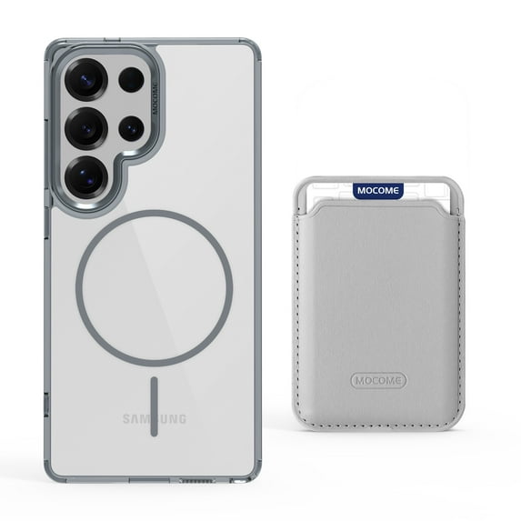 ELEHOLD Clear Magnetic Wallet Case For Samsung Galaxy S24 Ultra , Mag Safe Compatible Transparent Hard PC + TPU Back Shockproof Protection Case Cover with Magnetic Card Holder ,Gray