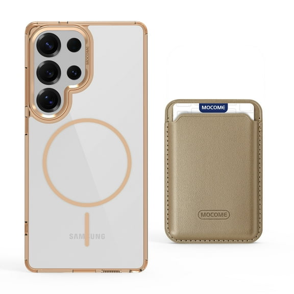 ELEHOLD Clear Magnetic Wallet Case For Samsung Galaxy S25+ , Mag Safe Compatible Transparent Hard PC + TPU Back Shockproof Protection Case Cover with Magnetic Card Holder ,Desertgold