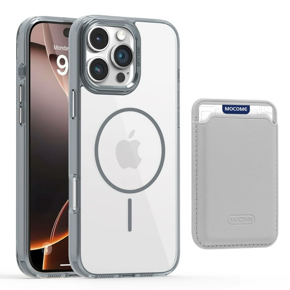 ELEHOLD Clear Magnetic Wallet Case For iPhone 16 , Mag Safe Compatible Transparent Hard PC + TPU Back Shockproof Protection Case Cover with Magnetic Card Holder ,Gray