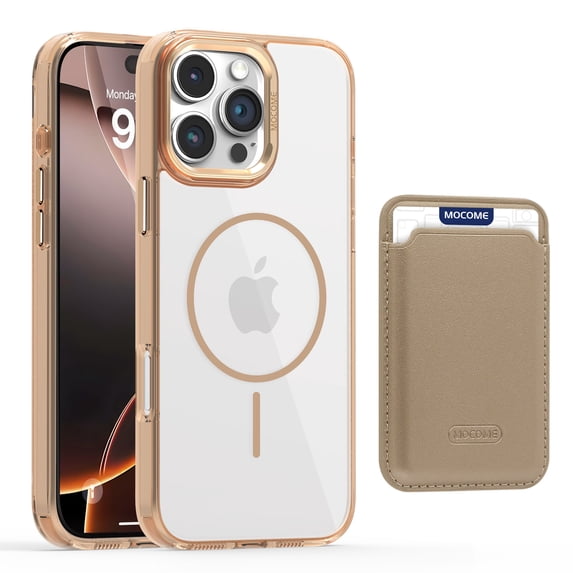 ELEHOLD Clear Magnetic Wallet Case For iPhone 16 Plus , Mag Safe Compatible Transparent Hard PC + TPU Back Shockproof Protection Case Cover with Magnetic Card Holder ,Desertgold