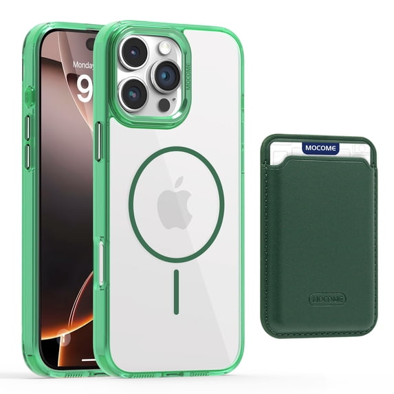 ELEHOLD Clear Magnetic Wallet Case For iPhone 16 Plus , Mag Safe Compatible Transparent Hard PC + TPU Back Shockproof Protection Case Cover with Magnetic Card Holder ,Green