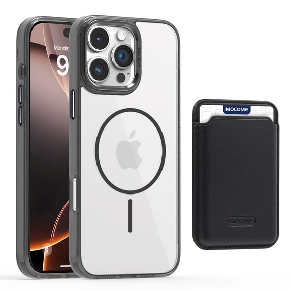 ELEHOLD Clear Magnetic Wallet Case For iPhone 16 Plus , Mag Safe Compatible Transparent Hard PC + TPU Back Shockproof Protection Case Cover with Magnetic Card Holder ,Black