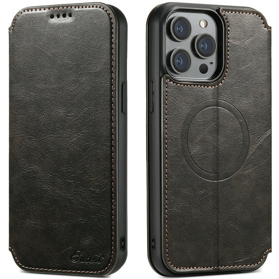 ELEHOLD Compatible with Mag Safe Case for iPhone 12 Pro / 12 6.1", Slim Magnetic Flip Folio PU Leather Stand with Wallet Card Slot Shockproof Rugged Protective Phonen Case Cover, black