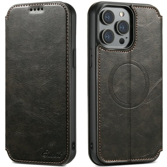 ELEHOLD Compatible with Mag Safe Case for iPhone 13, Slim Magnetic Flip Folio PU Leather Stand with Wallet Card Slot Shockproof Rugged Protective Phonen Case Cover, black