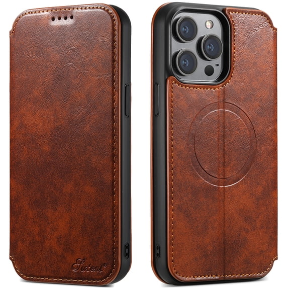 ELEHOLD Compatible with Mag Safe Case for iPhone 14 Plus, Slim Magnetic Flip Folio PU Leather Stand with Wallet Card Slot Shockproof Rugged Protective Phonen Case Cover, khaki
