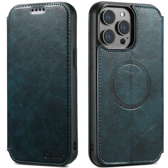 ELEHOLD Compatible with Mag Safe Case for iPhone 14 Plus, Slim Magnetic Flip Folio PU Leather Stand with Wallet Card Slot Shockproof Rugged Protective Phonen Case Cover, blue