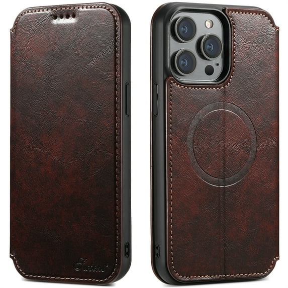 ELEHOLD Compatible with Mag Safe Case for iPhone 14 Plus, Slim Magnetic Flip Folio PU Leather Stand with Wallet Card Slot Shockproof Rugged Protective Phonen Case Cover, brown