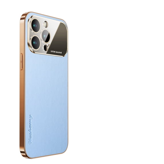 ELEHOLD Compatible with iPhone 13 Pro Ultra Slim Leather Back Case, Skin-feel Fashion Leather Backplane Shockproof Dropproof Case Plating Big Window Glass Case Cover With Lens Protector,Blue
