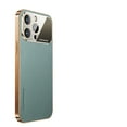 thumbnail image 1 of ELEHOLD Compatible with iPhone 13 Ultra Slim Leather Back Case, Skin-feel Fashion Leather Backplane Shockproof Dropproof Case Plating Big Window Glass Case Cover With Lens Protector,Green, 1 of 6