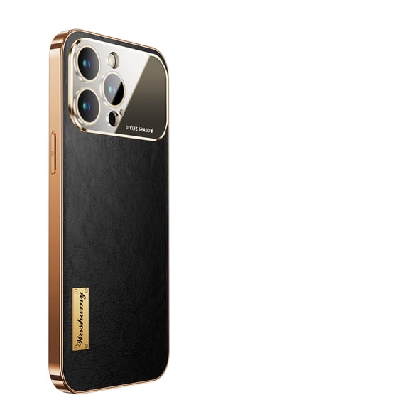 ELEHOLD Compatible with iPhone 14 Pro Max Premium Genuine Leather Plating Case,Shockproof Matte Slim Dustproof Case Non-Slip Big Window Glass Case Cover With Lens Protector,Black