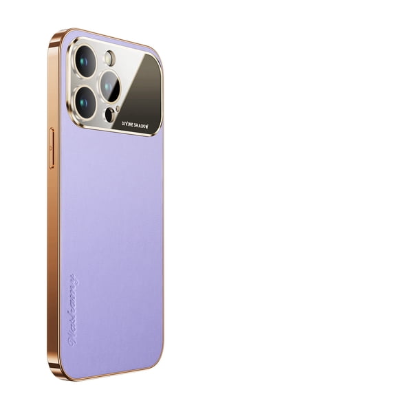 ELEHOLD Compatible with iPhone 14 Pro Ultra Slim Leather Back Case, Skin-feel Fashion Leather Backplane Shockproof Dropproof Case Plating Big Window Glass Case Cover With Lens Protector,Purple
