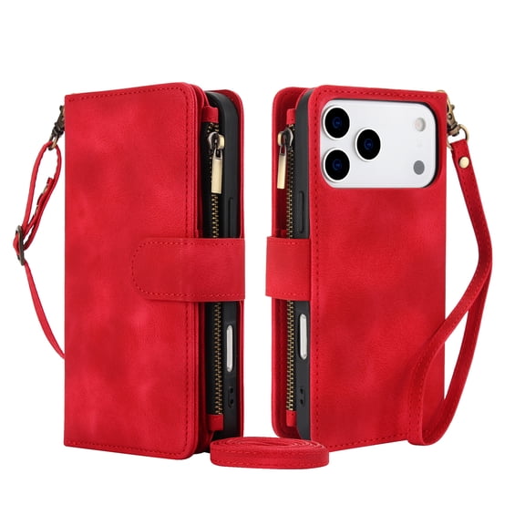 ELEHOLD Croosbody Wallet Case for iPhone 17 Pro Max, Detachable RFID Wallet Phone Case with Card Slots and Kickstand, Shockproof Faux Leather Flip Cover,Red