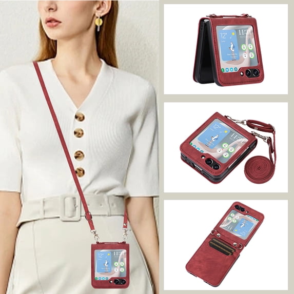 ELEHOLD Crossbody Case for Samsung Galaxy Z Flip 5, Premium PU Leather Wallet Case with Card Slots Shoulder Strap for Women Men Shockproof Case Cover for Samsung Z Flip 5,Red