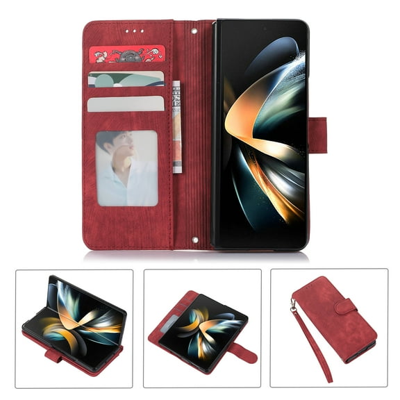 ELEHOLD Crossbody Case for Samsung Galaxy Z Fold 5 Leather Wallet Case with Card Holders Pen Slot Kickstand Magnetic Clasp Shoulder Strap Shockproof Cover for Samsung Galaxy Z Fold 5 2023,Red
