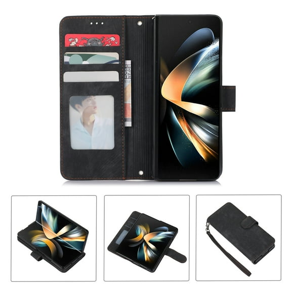 ELEHOLD Crossbody Case for Samsung Galaxy Z Fold 7 Leather Wallet Case with Card Holders Pen Slot Kickstand Magnetic Clasp Shoulder Strap Shockproof Cover for Samsung Galaxy Z Fold 7 2025,Black