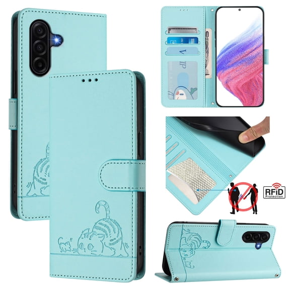 ELEHOLD Crossbody Case for Samsung Galaxy A37, Cute Cat Design RFID Blocking Leather Wallet Case, 3 Card Holders, Stand Function,Mint