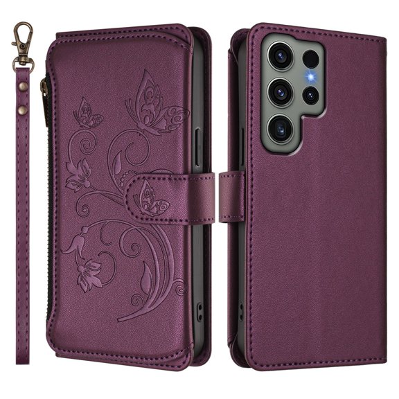 ELEHOLD Crossbody Case for Samsung Galaxy S23 Ultra, Shockproof Leather Wallet Phone Case with Card Slots,Stand Feature,Darkpurple