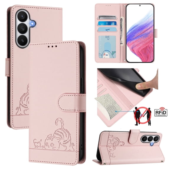 ELEHOLD Crossbody Case for Samsung Galaxy S26, Cute Cat Design RFID Blocking Leather Wallet Case, 3 Card Holders, Stand Function,Pink