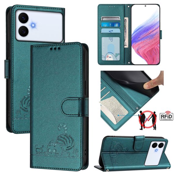 ELEHOLD Crossbody Case for Samsung Galaxy S26 Edge, Cute Cat Design RFID Blocking Leather Wallet Case, 3 Card Holders, Stand Function,Darkgreen