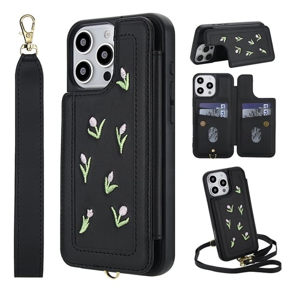 ELEHOLD Crossbody Case for iPhone 16 Pro, Flower Embroidered Wallet Case with Shoulder and Wrist Strap, Stand Feature,Black
