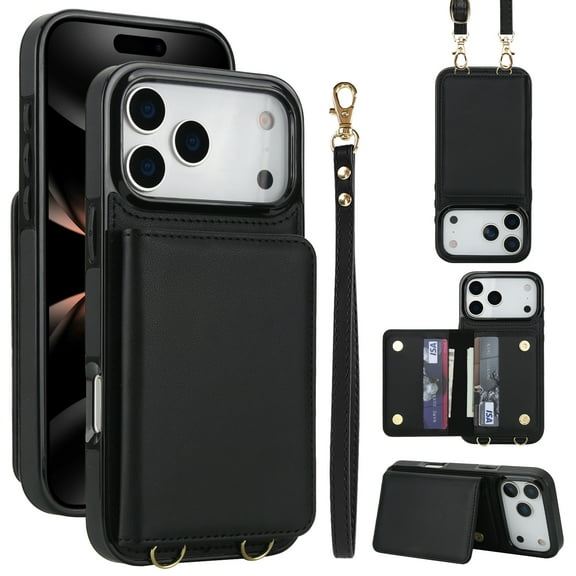 ELEHOLD Crossbody Case for iPhone 17 Pro, RFID Leather Flip Wallet Case with Card Holder and Kickstand,Black