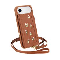 ELEHOLD Crossbody Case for iPhone Air, Flower Embroidered Wallet Case with Shoulder and Wrist Strap, Stand Feature,Brown
