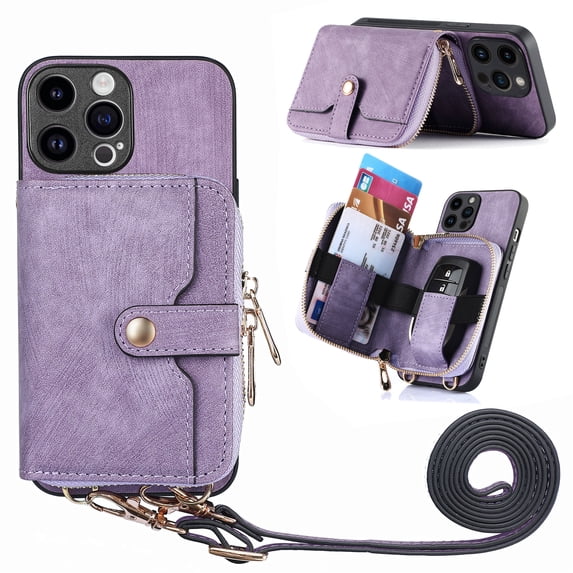 ELEHOLD Crossbody Case for iPhone 15 Pro Max,Premium PU Leather Back Card Slot Zipper Wallet Shockproof Anti-Drop Protective Case Cover with Shoulder Strap for Women Girls for iPhone 15 Pro Max,Purple