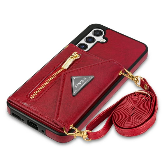 ELEHOLD Crossbody Leather Wallet Case for Samsung Galaxy S24 Credit Card Slots Zipper Pocket Kickstand Function Shockproof Purse Case with Adjustable Shoulder Strap for Samsung S24,Red