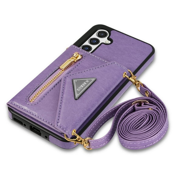 ELEHOLD Crossbody Leather Wallet Case for Samsung Galaxy S24 Credit Card Slots Zipper Pocket Kickstand Function Shockproof Purse Case with Adjustable Shoulder Strap for Samsung S24,Purple