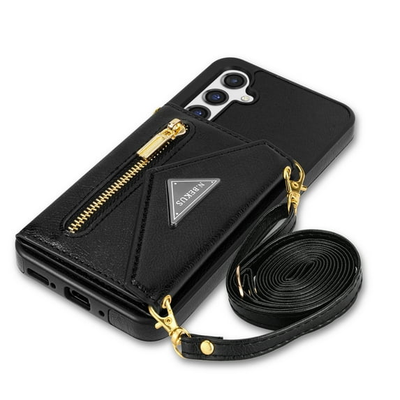 ELEHOLD Crossbody Leather Wallet Case for Samsung Galaxy S24 Credit Card Slots Zipper Pocket Kickstand Function Shockproof Purse Case with Adjustable Shoulder Strap for Samsung S24,Black