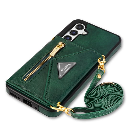 ELEHOLD Crossbody Leather Wallet Case for Samsung Galaxy S24 Credit Card Slots Zipper Pocket Kickstand Function Shockproof Purse Case with Adjustable Shoulder Strap for Samsung S24,Green