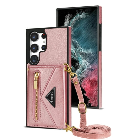 ELEHOLD Crossbody Leather Wallet Case for Samsung Galaxy S24 Ultra Credit Card Slots Zipper Pocket Kickstand Function Shockproof Purse Case with Adjustable Shoulder Strap for Samsung S24 Ultra,Pink