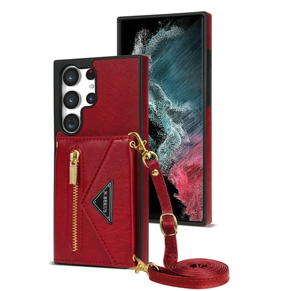 ELEHOLD Crossbody Leather Wallet Case for Samsung Galaxy S24 Ultra Credit Card Slots Zipper Pocket Kickstand Function Shockproof Purse Case with Adjustable Shoulder Strap for Samsung S24 Ultra,Red