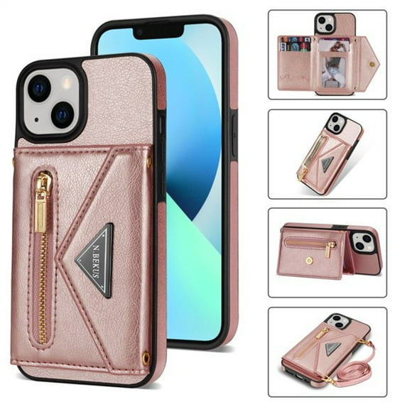 ELEHOLD Crossbody Leather Wallet Case for iPhone 15 6.1" Credit Card Slots Zipper Pocket Kickstand Function Shockproof Purse Case with Adjustable Shoulder Strap for iPhone 15,Pink