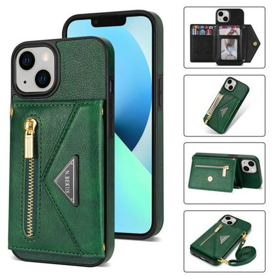 ELEHOLD Crossbody Leather Wallet Case for iPhone 15 6.1" Credit Card Slots Zipper Pocket Kickstand Function Shockproof Purse Case with Adjustable Shoulder Strap for iPhone 15,Green