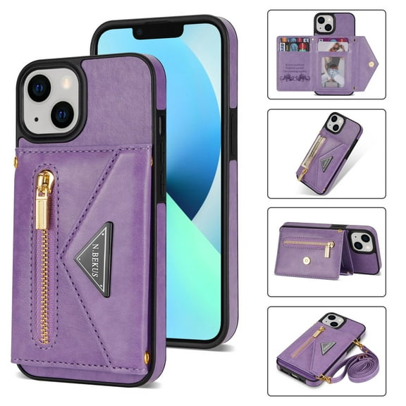 ELEHOLD Crossbody Leather Wallet Case for iPhone 15 Plus 6.7" Credit Card Slots Zipper Pocket Kickstand Function Shockproof Purse Case with Adjustable Shoulder Strap for iPhone 15 Plus,Purple