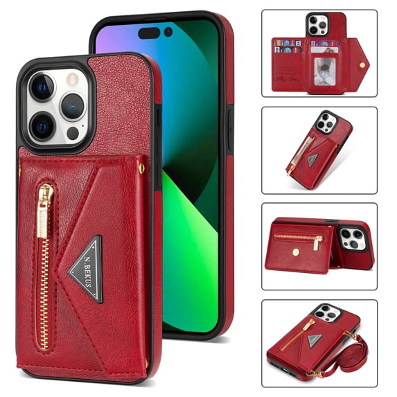 ELEHOLD Crossbody Leather Wallet Case for iPhone 15 Pro 6.1" Credit Card Slots Zipper Pocket Kickstand Function Shockproof Purse Case with Adjustable Shoulder Strap for iPhone 15 Pro,Red