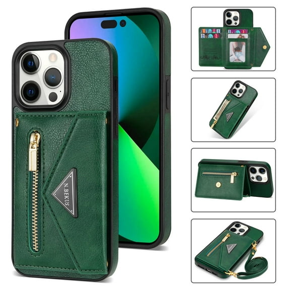 ELEHOLD Crossbody Leather Wallet Case for iPhone 15 Pro 6.1" Credit Card Slots Zipper Pocket Kickstand Function Shockproof Purse Case with Adjustable Shoulder Strap for iPhone 15 Pro,Green