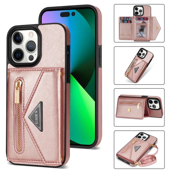 ELEHOLD Crossbody Leather Wallet Case for iPhone 15 Pro Max 6.7" Credit Card Slots Zipper Pocket Kickstand Function Shockproof Purse Case with Adjustable Shoulder Strap for iPhone 15 Pro Max,Pink