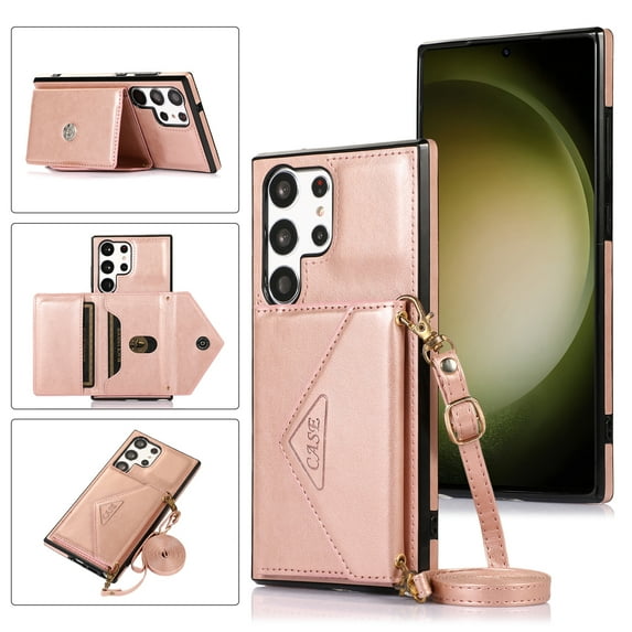 ELEHOLD Crossbody Luxury Wallet Case for Samsung Galaxy S23 Ultra 6.8" with Card Slots, Magnetic Button Detachable Shoulder Strap Purse Phone Case, Rosegold