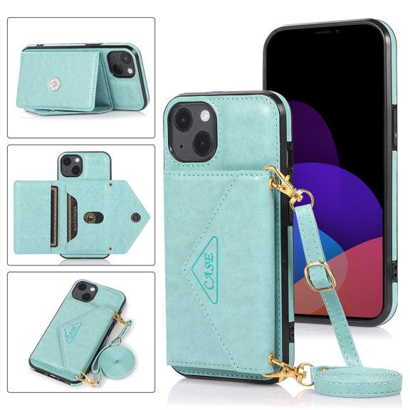 ELEHOLD Crossbody Luxury Wallet Case for iPhone 14 6.1" with Card Slots, Magnetic Button Detachable Shoulder Strap Purse Phone Case,
Mint
