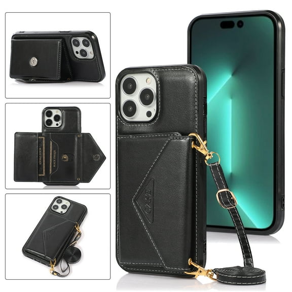 ELEHOLD Crossbody Luxury Wallet Case for iPhone 14 Pro Max 6.7" with Card Slots, Magnetic Button Detachable Shoulder Strap Purse Phone Case,Black