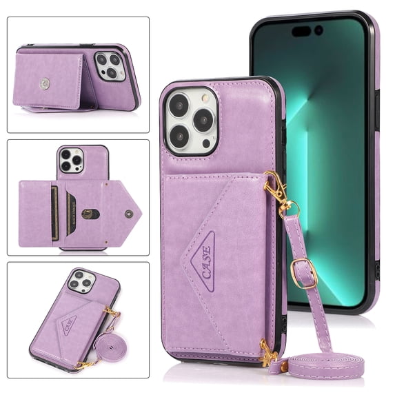 ELEHOLD Crossbody Luxury Wallet Case for iPhone 14 Pro Max 6.7" with Card Slots, Magnetic Button Detachable Shoulder Strap Purse Phone Case,Purple