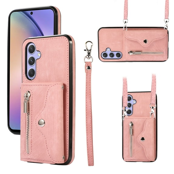 ELEHOLD Crossbody Wallet Case For Samsung Galaxy A13 5G,with RFID Card Slots Zipper Pocket Kickstand Function Shockproof Purse Case with Detachable Shoulder Strap,Rosegold