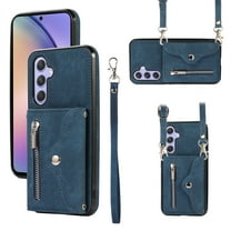 ELEHOLD Crossbody Wallet Case For Samsung Galaxy A32 5G,with RFID Card Slots Zipper Pocket Kickstand Function Shockproof Purse Case with Detachable Shoulder Strap,Blue