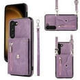 thumbnail image 1 of ELEHOLD Crossbody Wallet Case For Samsung Galaxy S22,with RFID Card Slots Zipper Pocket Kickstand Function Shockproof Purse Case with Detachable Shoulder Strap,Purple, 1 of 1