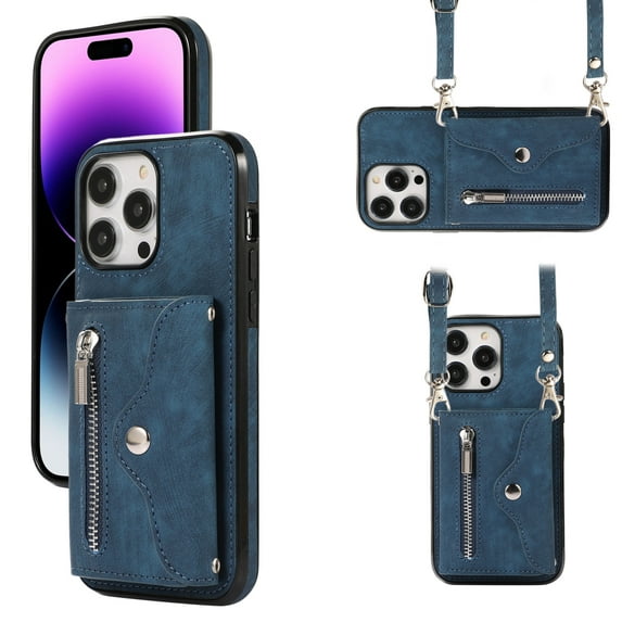 ELEHOLD Crossbody Wallet Case For iPhone 13,with RFID Card Slots Zipper Pocket Kickstand Function Shockproof Purse Case with Detachable Shoulder Strap,Blue